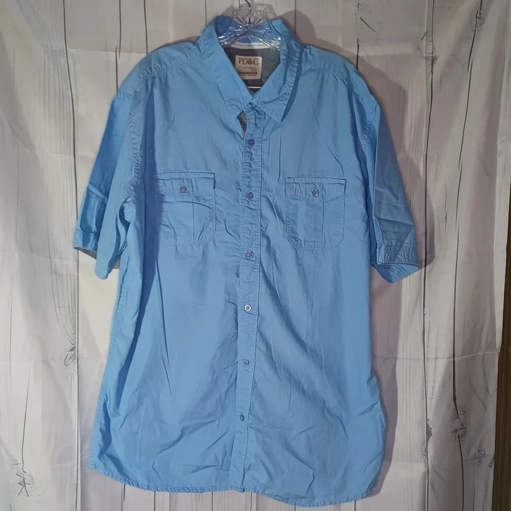 PD&C men's 100% cotton casual button-down short sleeve Lightweight shirt